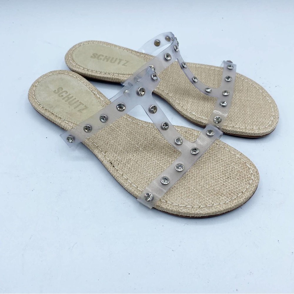 Schutz Loretta Rhinestone Studded Sandals size 5B Silver Tan Flats Slides